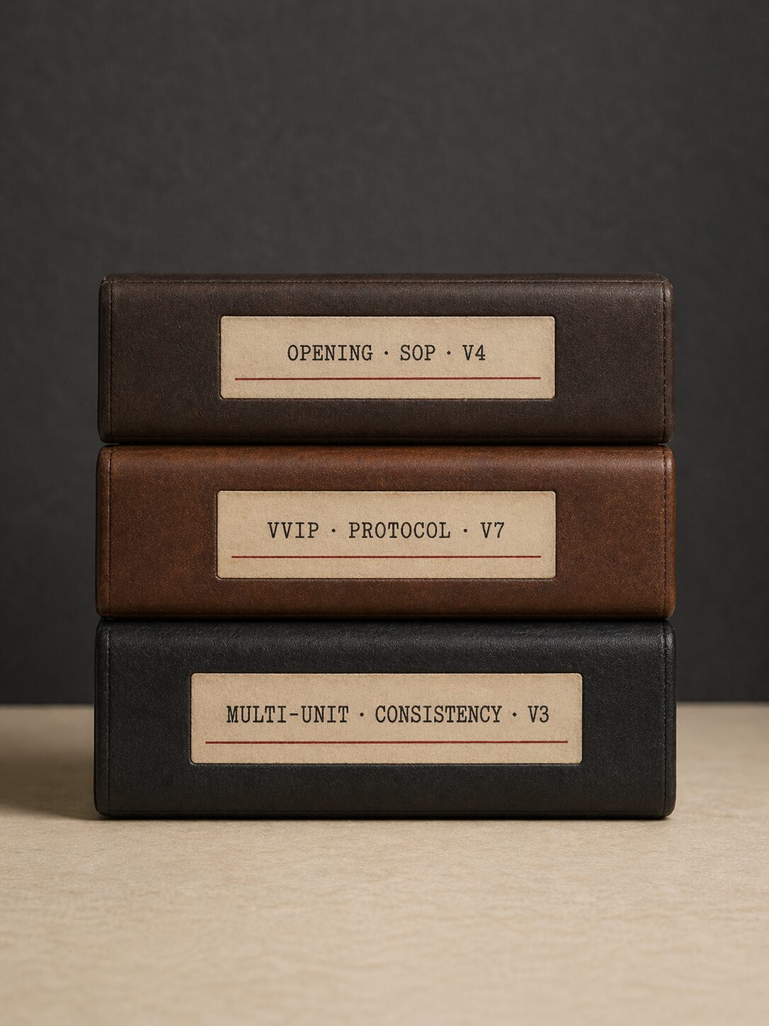 Three leatherbound operating manuals stacked — Opening SOP V4, VVIP Protocol V7, Multi-Unit Consistency V3 — the reference shelf a working operator actually keeps