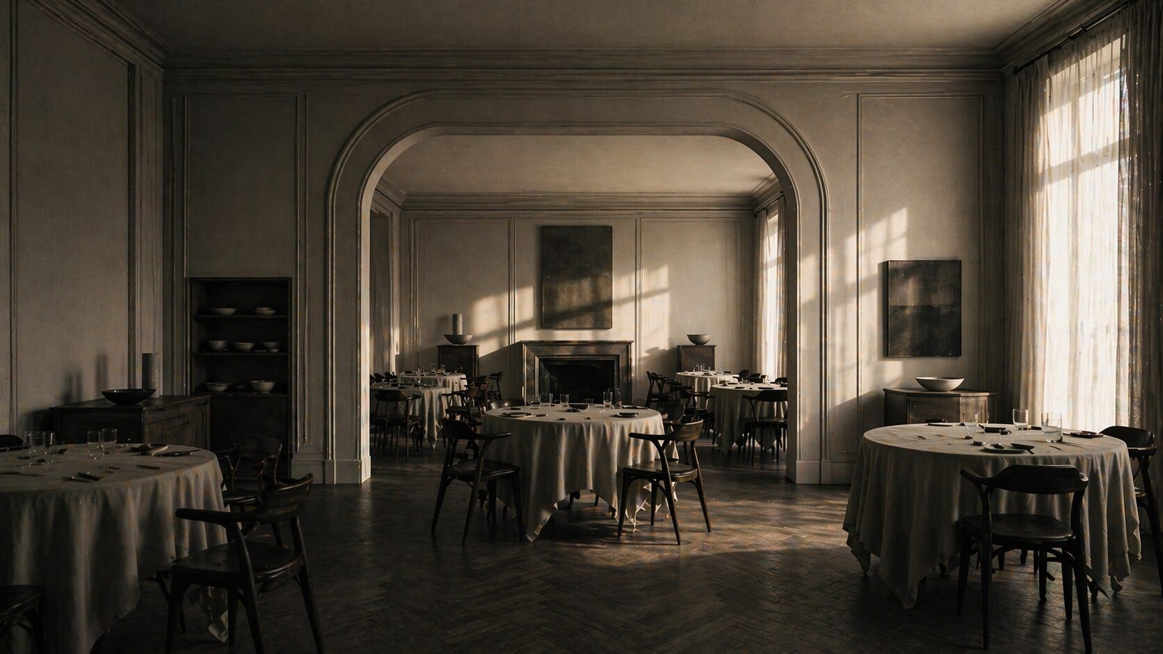 An empty luxury restaurant dining room at dawn, pressed linen on round tables, no guests, soft morning light